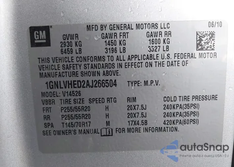 2010 Chevrolet Traverse Ltz z USA, uszkodzony, nr VIN 1GNLVHED2AJ266504